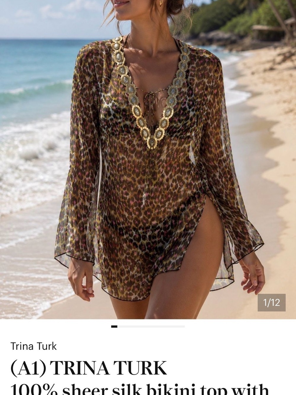 Trina Turk Beach cover-up Sheer Silk chiffon M embellished leopard print tunic.